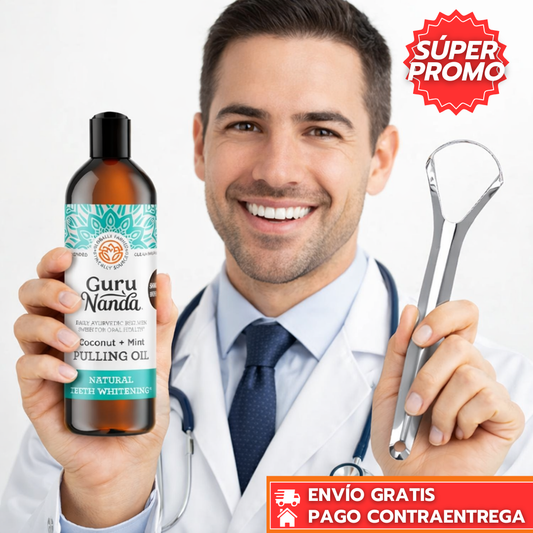 GuruNanda Clean™: Enjuague Bucal Pre-Cepillado con Blanqueador Natural y Rastrillo de Lengua para una Limpieza Profunda.