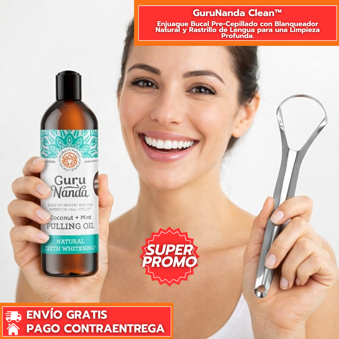 GuruNanda Clean™: Enjuague Bucal Pre-Cepillado con Blanqueador Natural y Rastrillo de Lengua para una Limpieza Profunda.