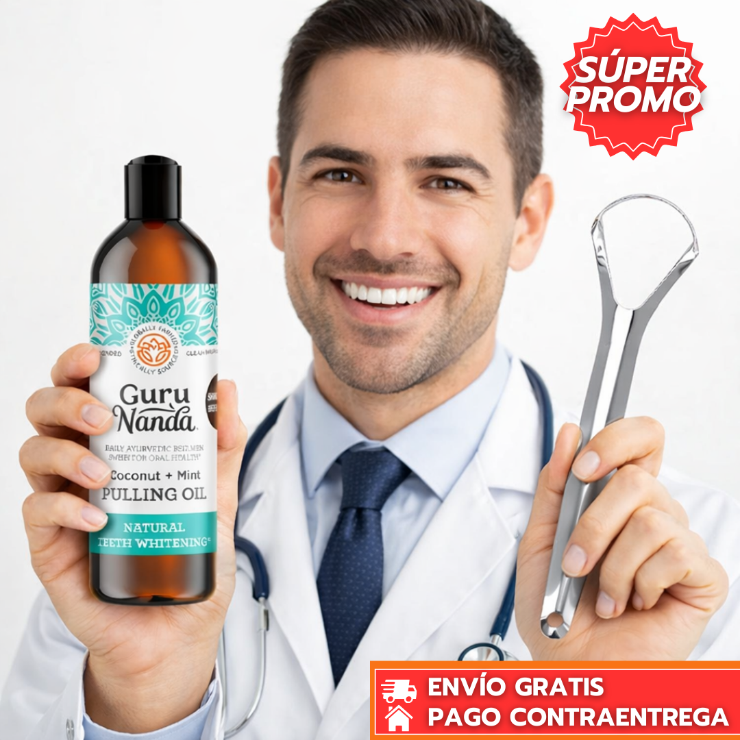 GuruNanda Clean™: Enjuague Bucal Pre-Cepillado con Blanqueador Natural y Rastrillo de Lengua para una Limpieza Profunda.