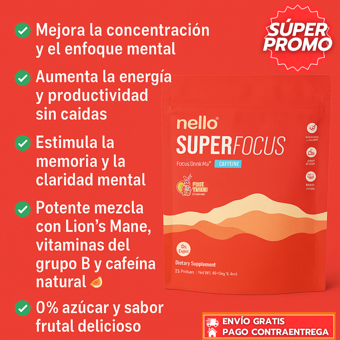 Nello SuperFocus™: Suplemento en Polvo con Cafeína Natural que Potencia tu Concentración, Energía y Claridad Mental