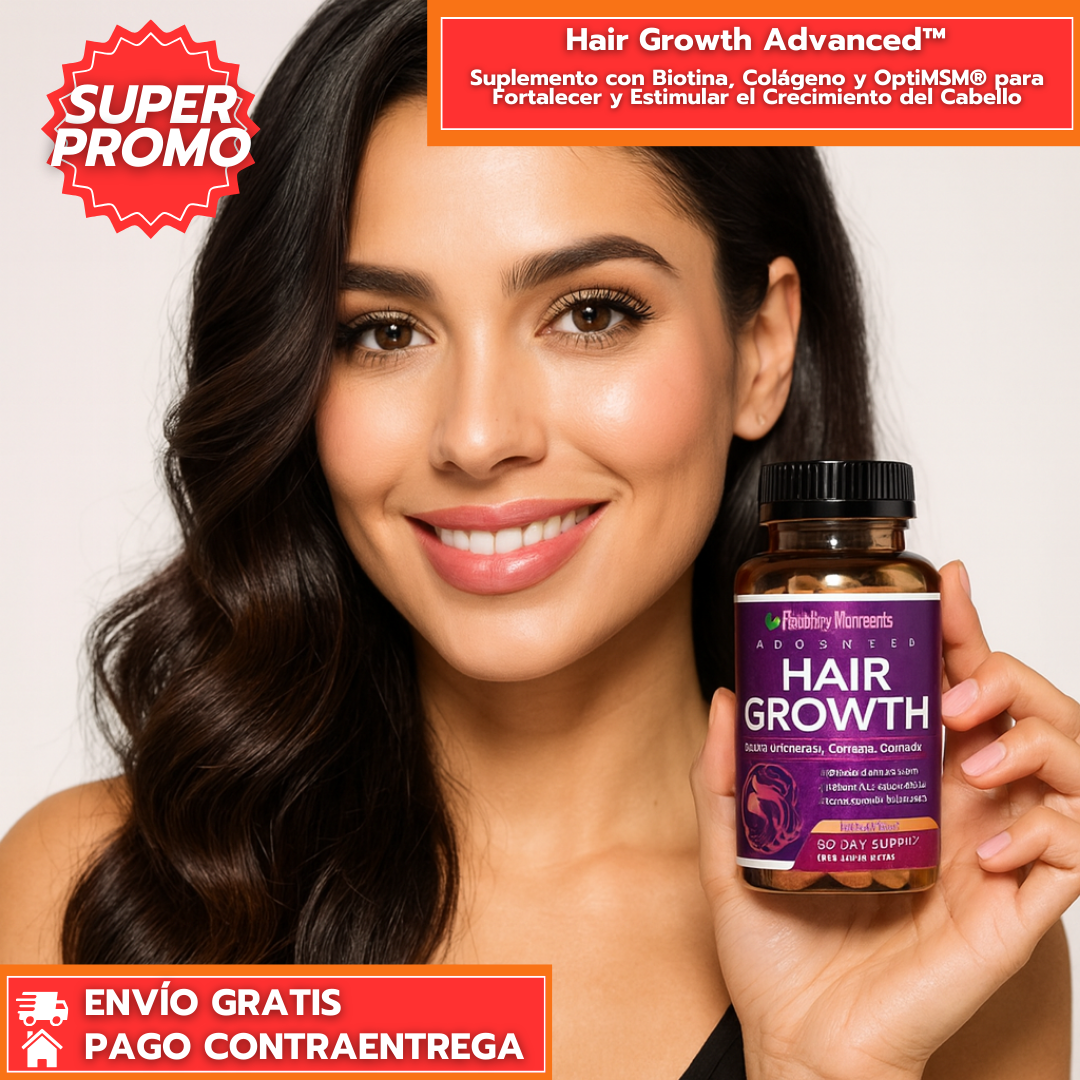 Hair Growth Advanced™: Suplemento con Biotina, Colágeno y OptiMSM® para Fortalecer y Estimular el Crecimiento del Cabello